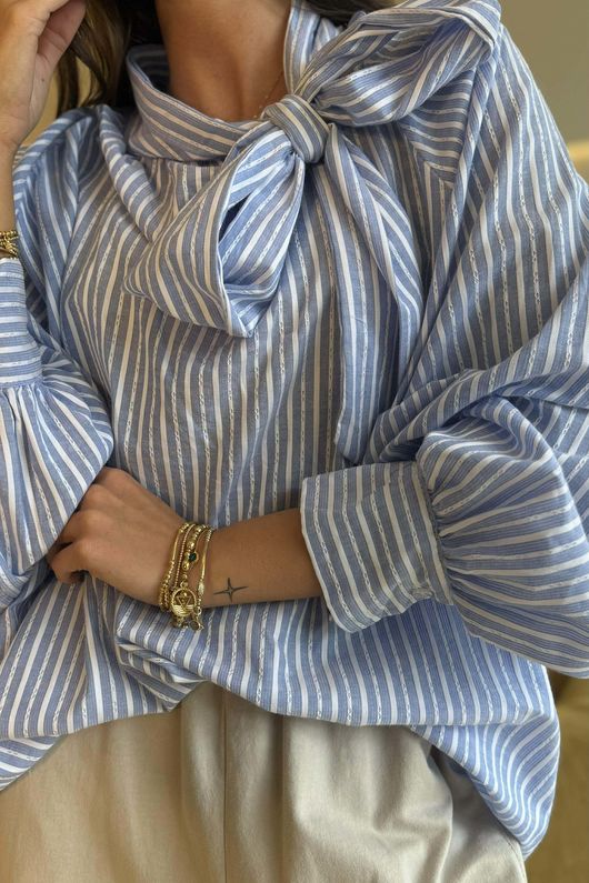 Nantucket Stripe Tie Neck Blouse Light Denim